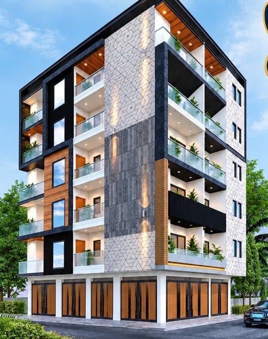 Front view of the Neeri Construction apartment building in Aaya Nagar, New Delhi, with glass balconies and teak-finish panels
